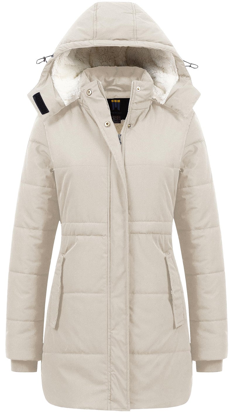 CREATMO US Women's Hooded Long Warm Winter Fleece Lined Coat Quilted Thicken Puffer Jacket With Removable Hood Beige M - Image 1