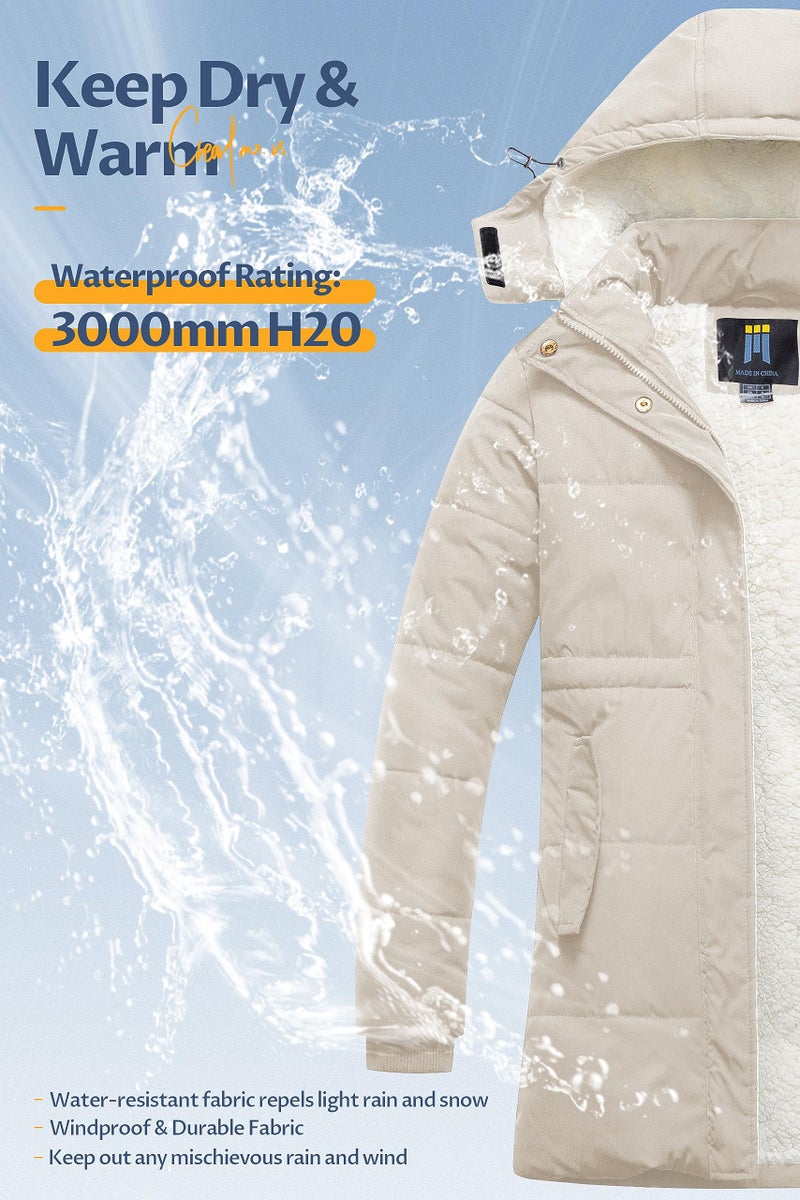 CREATMO US Women's Hooded Long Warm Winter Fleece Lined Coat Quilted Thicken Puffer Jacket With Removable Hood Beige M - Image 4