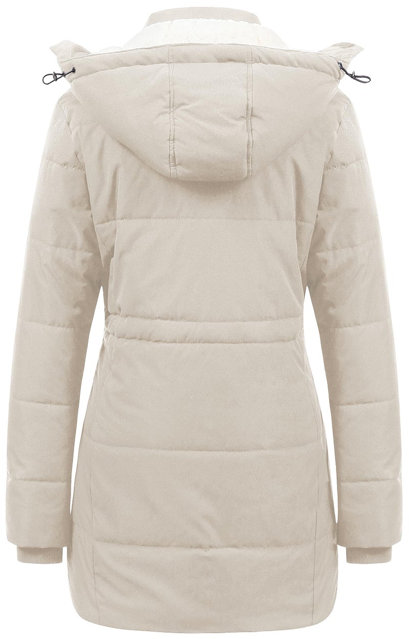 CREATMO US Women's Hooded Long Warm Winter Fleece Lined Coat Quilted Thicken Puffer Jacket With Removable Hood Beige M - Image 2