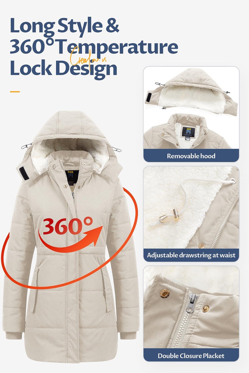 CREATMO US Women's Hooded Long Warm Winter Fleece Lined Coat Quilted Thicken Puffer Jacket With Removable Hood Beige M - Image 5