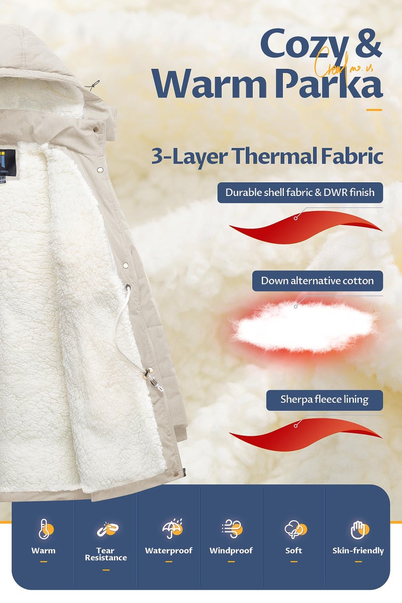 CREATMO US Women's Hooded Long Warm Winter Fleece Lined Coat Quilted Thicken Puffer Jacket With Removable Hood Beige M - Image 3