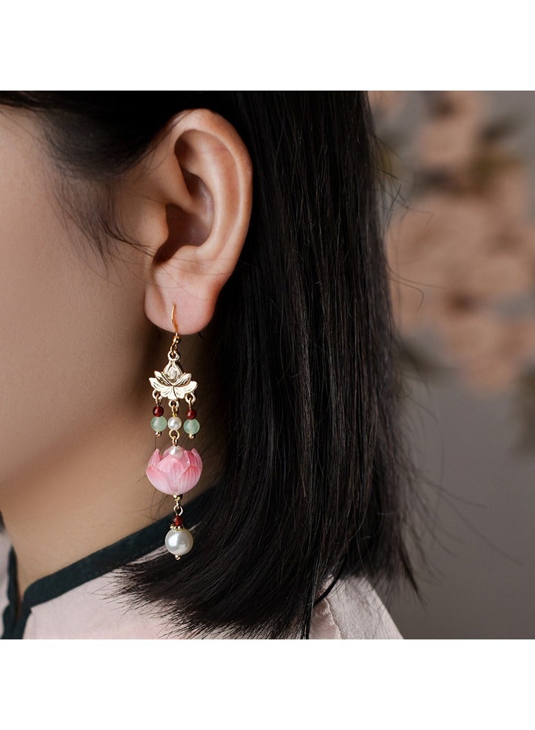 14k Gold Lotus Long Tassel Earrings  - Image 2