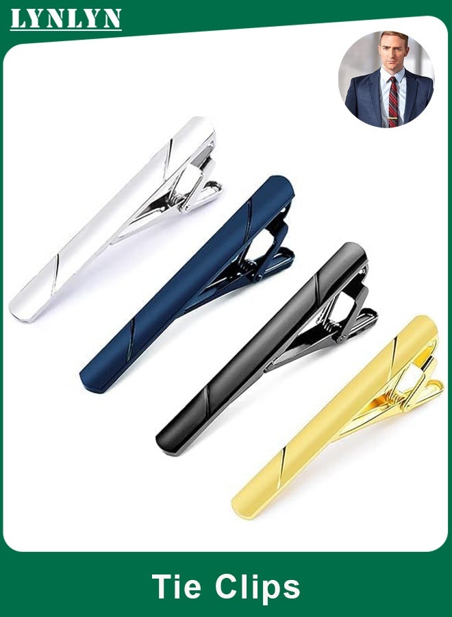 LYNLYN 4 Pack Men’s Tie Clips and Bars, Classic Necktie Accessories for Skinny and Regular Ties (Black, Gold, Blue, Silver) - Image 1
