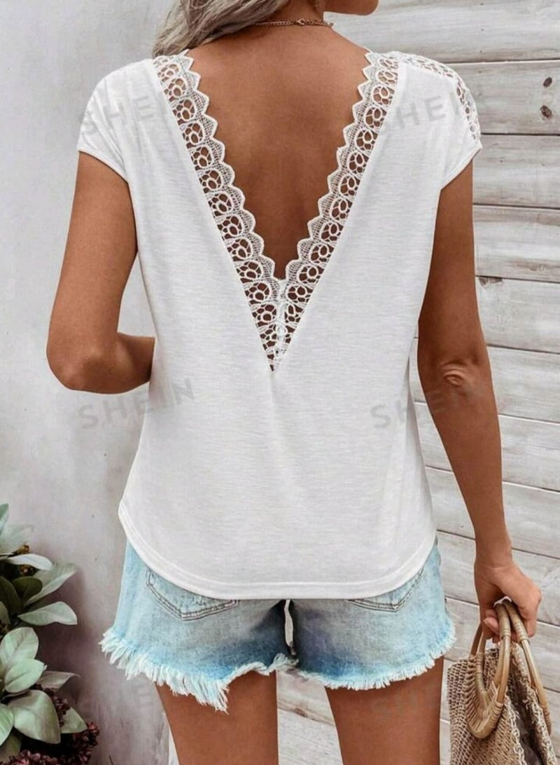 Shein SHEIN Women's Patchwork Lace Dolman Short-Sleeved T-Shirt  - Image 3