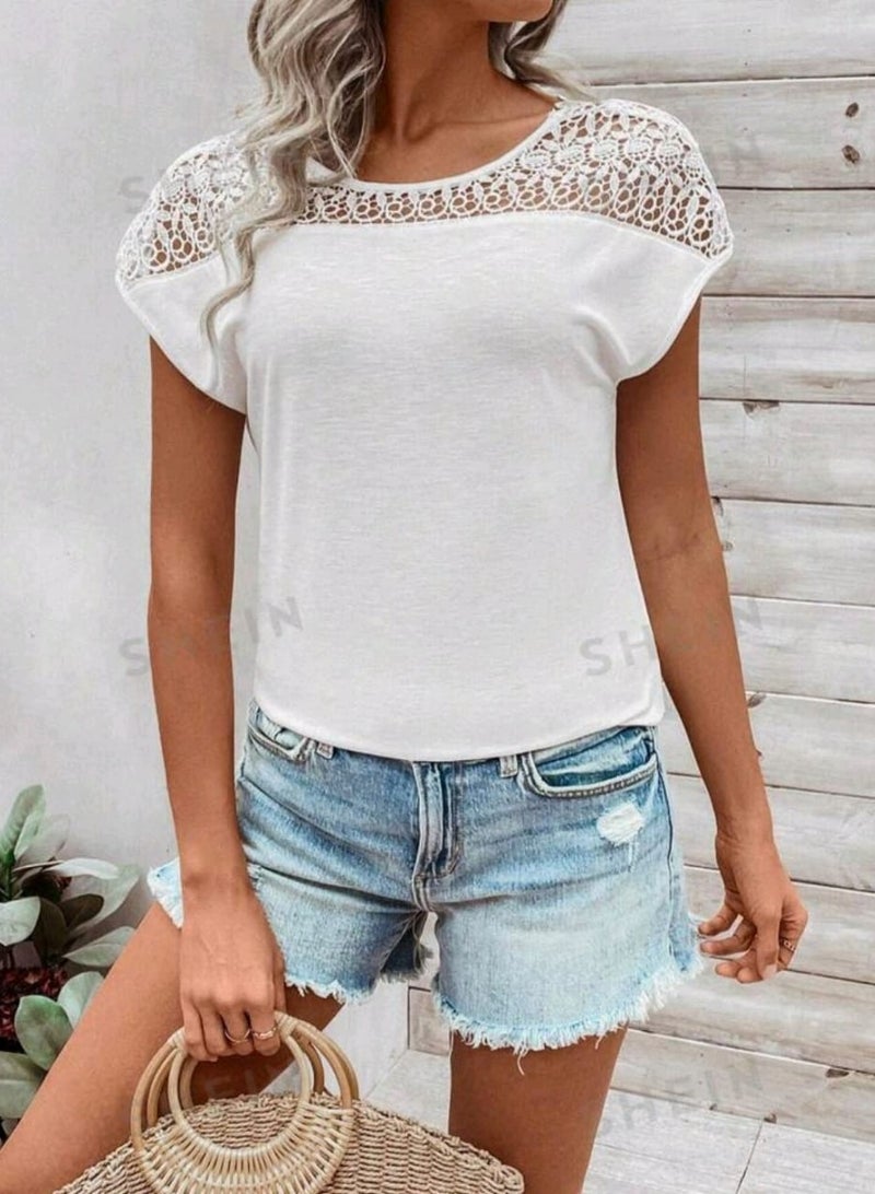 Shein SHEIN Women's Patchwork Lace Dolman Short-Sleeved T-Shirt  - Image 4