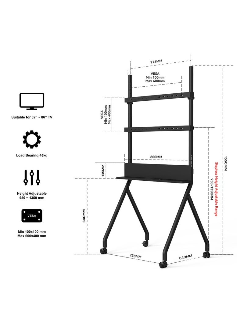 BEETEC Mobile TV Stand for 32–86 Inch Flat Screen TVs, Rolling Cart with Lockable Wheels, Height Adjustable, VESA 600x400mm, Max Load 45kg, Shelf Capacity 10 kg, Cable Management, Black | TF-RG8B - Image 2