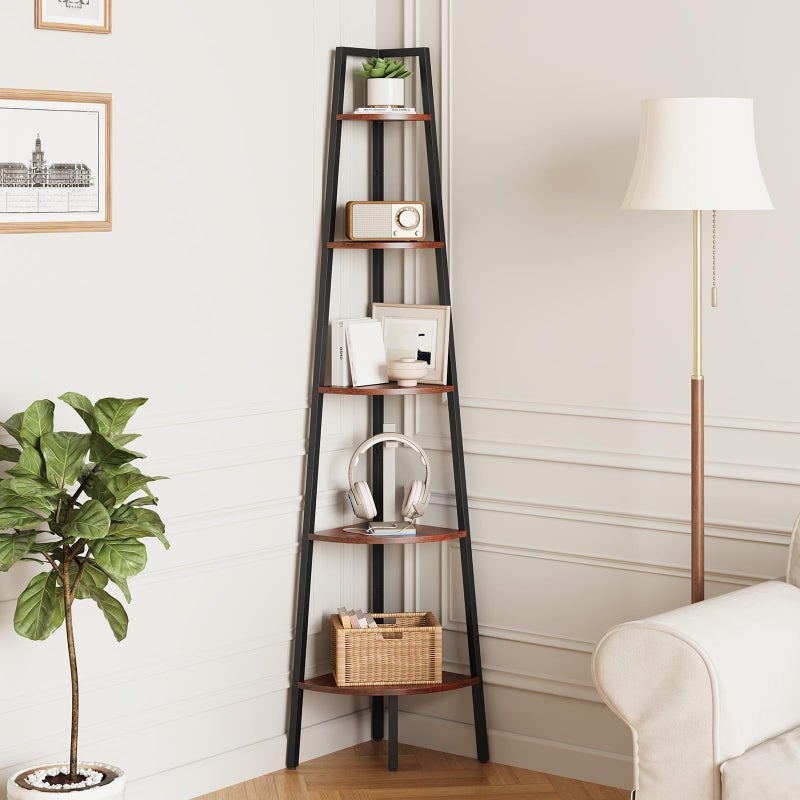 Yoobure Corner Shelf, 5-Tier Corner Bookshelf with Metal Frame & Wood Ladder Shelves - Display Shelf & Tall Bookcase, Plant Stand for Home Decor - Bedroom, Living Room, Office - Image 1