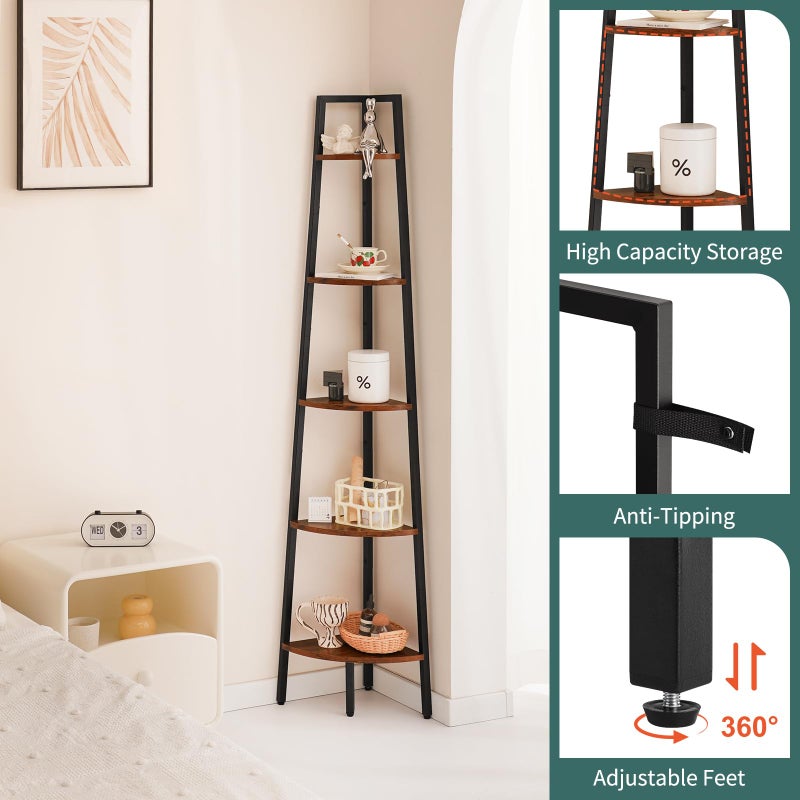 Yoobure Corner Shelf, 5-Tier Corner Bookshelf with Metal Frame & Wood Ladder Shelves - Display Shelf & Tall Bookcase, Plant Stand for Home Decor - Bedroom, Living Room, Office - Image 4