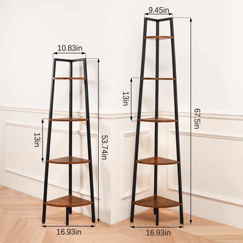 Yoobure Corner Shelf, 5-Tier Corner Bookshelf with Metal Frame & Wood Ladder Shelves - Display Shelf & Tall Bookcase, Plant Stand for Home Decor - Bedroom, Living Room, Office - Image 2