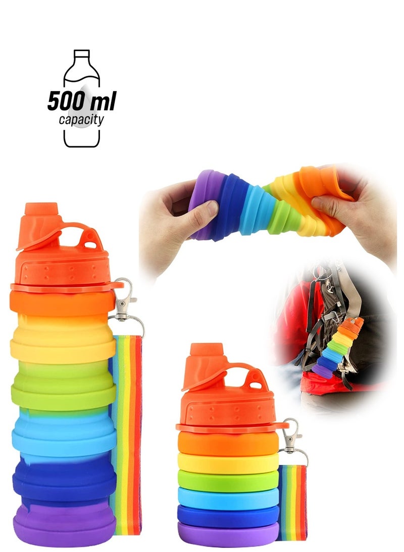 كاست ويف زجاجة ماء قابلة للطي ، زجاجة 500 مللي خالية من مادة BPA وخمسة ارتفاع من السيليكون للتخييم والرياضة في الهواء الطلق ، هدية للبنات والأولاد (قوس قزح) - Image 1