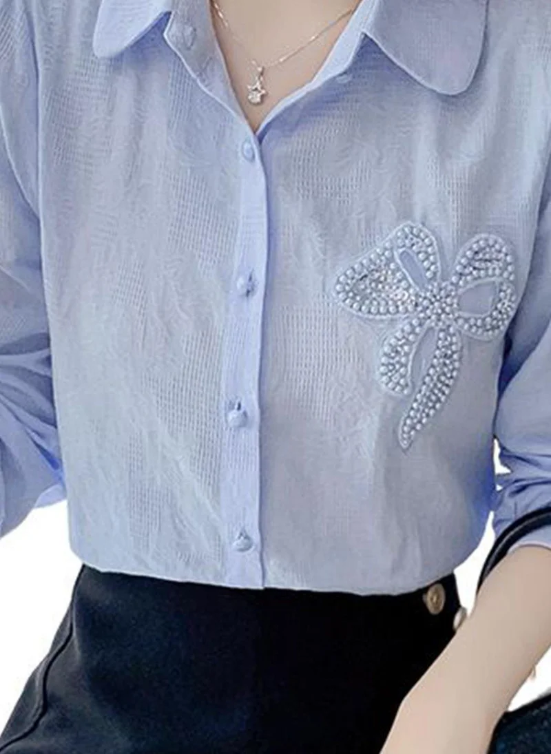 YUNIQEE Blue Casual Cotton Blend Long Sleeves Solid Shirts