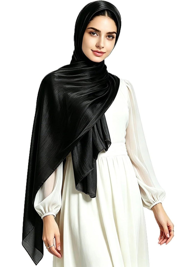 Shiny Satin Chiffon Hijab Scarf, 180*70cm Lightweight Black Women Wrap Shawl, Elegant Wedding Party Cape Cover Up - Image 1