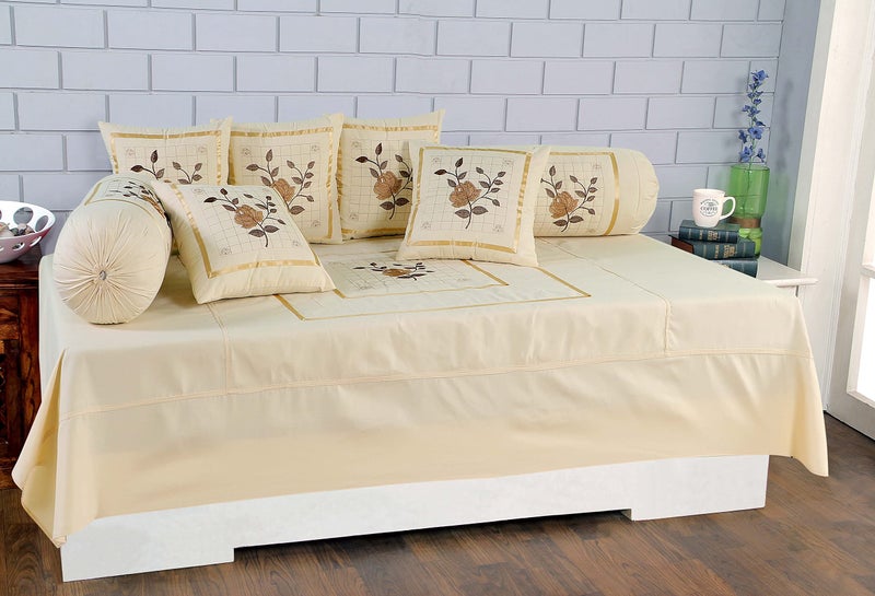 Rj Products Designer Embroidery Diwan Set of 8 Pieces cream color - Image 1