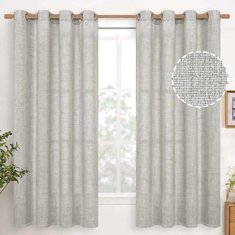 YoungsTex Light Grey Linen Semi Sheer Curtains 63 Inches Long for Bedroom 2 Panels - Textured Light Filtering Window Drapes with Bronze Grommet Privacy for Living Room, 2 Panels, 52 X 63 Inch - Image 1