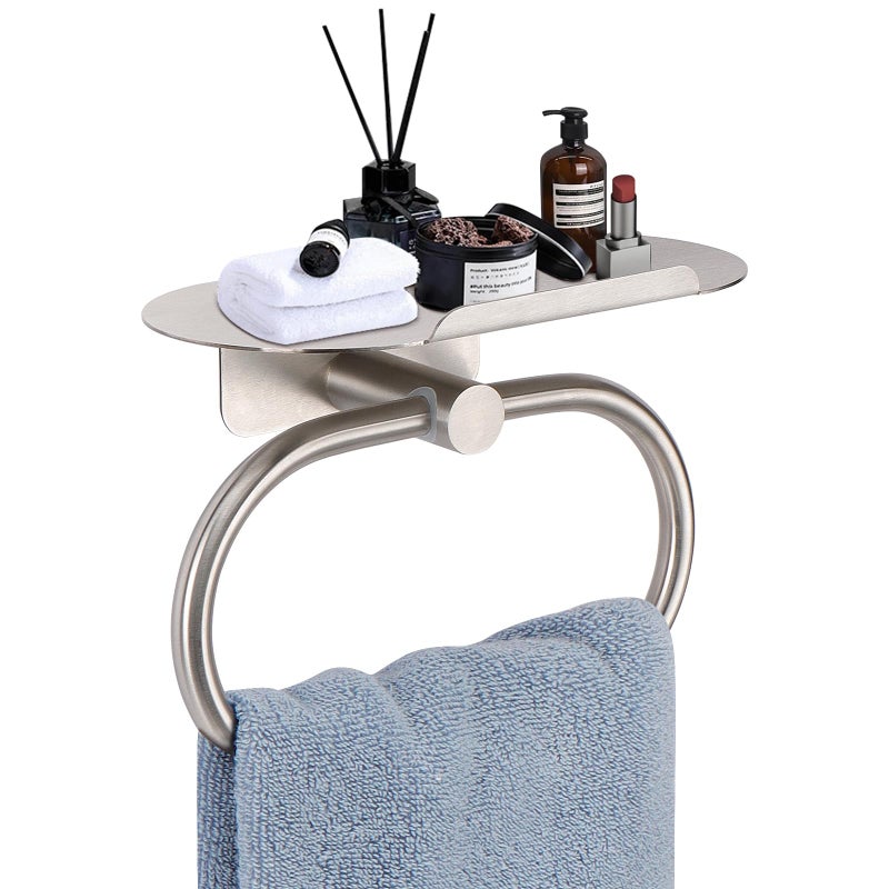 Siyzda Hand Towel Ring with Shelf Stainless Steel Hand Towel Holder Heavy Duty Bath Accessories Wall Mounted Towel Hanger for Bathroom Kitchen Brushed Nickel - Image 2