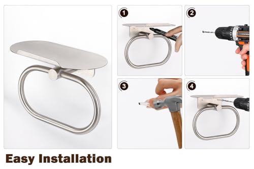 Siyzda Hand Towel Ring with Shelf Stainless Steel Hand Towel Holder Heavy Duty Bath Accessories Wall Mounted Towel Hanger for Bathroom Kitchen Brushed Nickel - Image 3