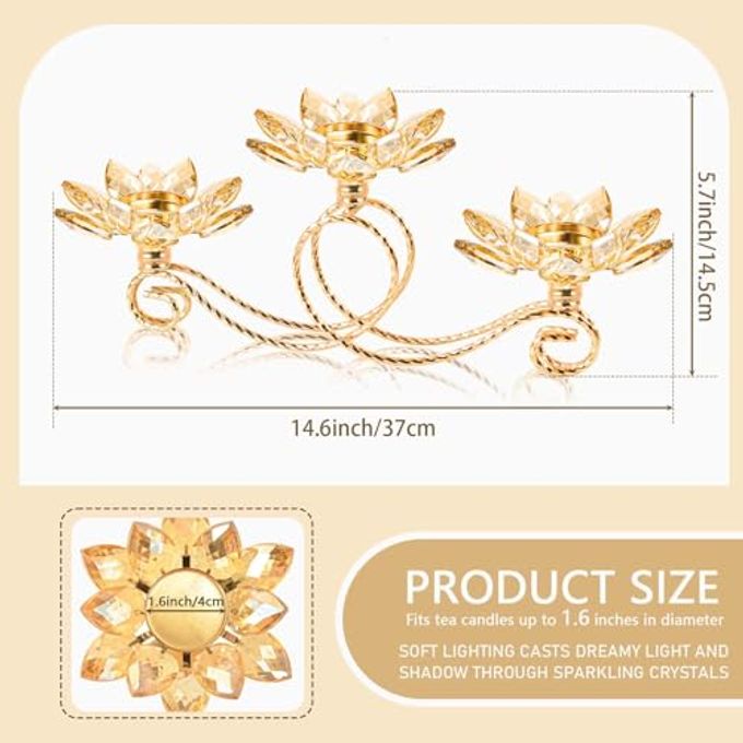 kehail 2Pcs Gold Kehail Crystal Metal Tea Light Candle Holder Set, 3-Arm Flower Shaped Crystal Votive Candlestick Holders for Table Centerpiece, Wedding Shower, Party and Home Decor - Image 3