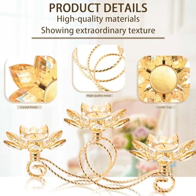 kehail 2Pcs Gold Kehail Crystal Metal Tea Light Candle Holder Set, 3-Arm Flower Shaped Crystal Votive Candlestick Holders for Table Centerpiece, Wedding Shower, Party and Home Decor - Image 5
