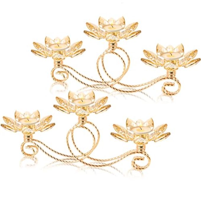 kehail 2Pcs Gold Kehail Crystal Metal Tea Light Candle Holder Set, 3-Arm Flower Shaped Crystal Votive Candlestick Holders for Table Centerpiece, Wedding Shower, Party and Home Decor - Image 1