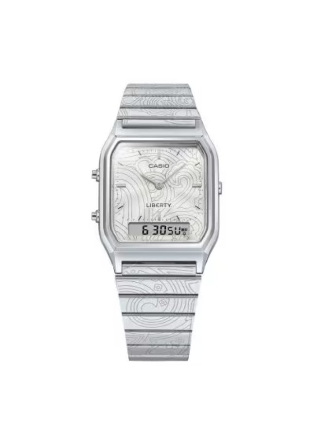 Casio x Liberty AQ-230ELT-7ADR Unisex Ana-Digi Watch – Silver Case , Silver Stainless Bracelet , Laser-Engraved Paisley Fanfare , Dual Time , Limited Edition Collab - Image 1