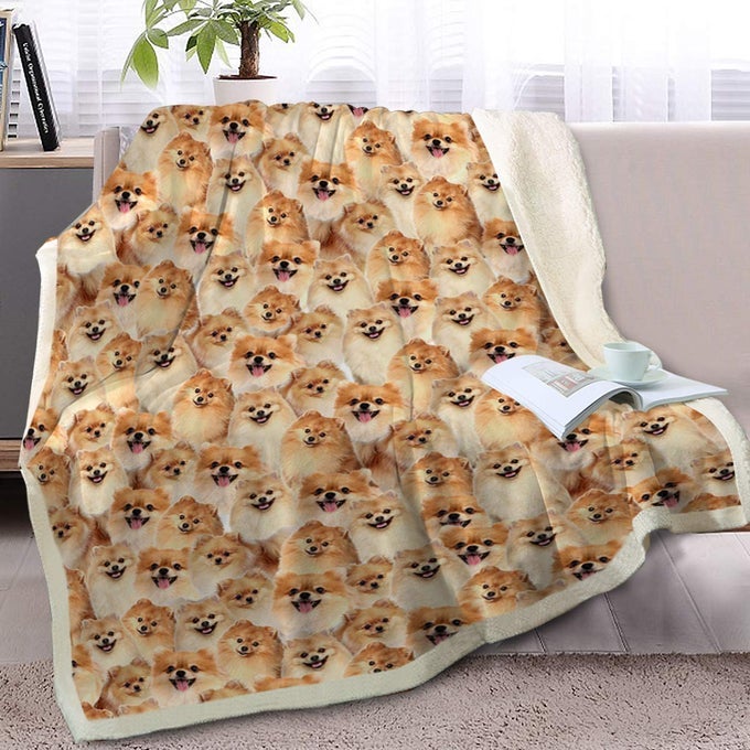 FUZZY DOGS BLANKET POMERANIAN THROW REVERSIBLE SHERPA FLEECE CUTE PUPPY DESIGN 50 X 60 INCHES