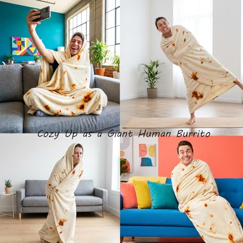 LetsFunny Burrito Tortilla Throw Blanket, Giant Funny Realistic Food Blanket, 71in 2.0 Double Sided Taco Tortilla Wrap Blanket, Funny for Adults Teens Boys, Soft Flannel Round Throw - Image 2