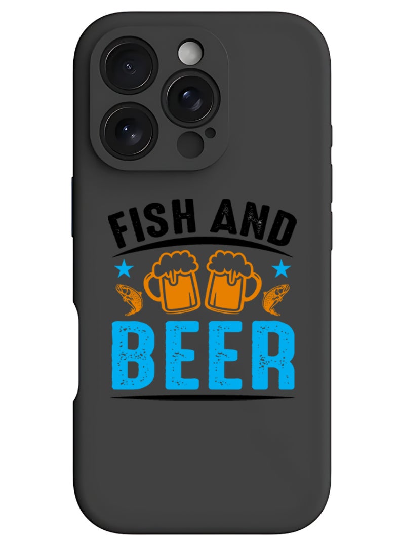 Theodor iPhone 16 Pro Black Protective Slim Fit Case Liquid Silicone Cover with Full Body Protection Anti-Scratch Shockproof Case For iPhone - Fish and Beer black - Image 1