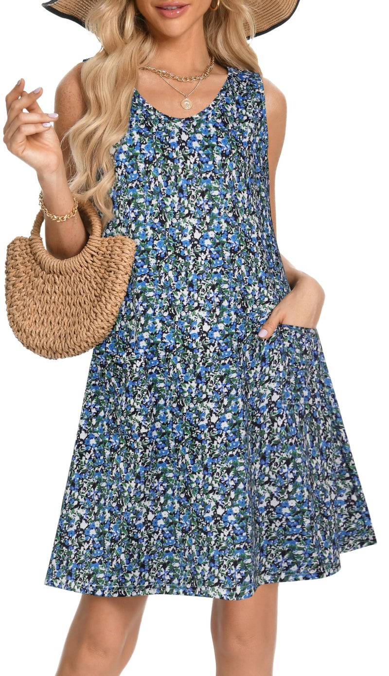 elescat Womens Summer Dresses Casual V Neck Sleeveless Pockets Beach Loose Tank Sundress (Blue Green Floral, L) - Image 5