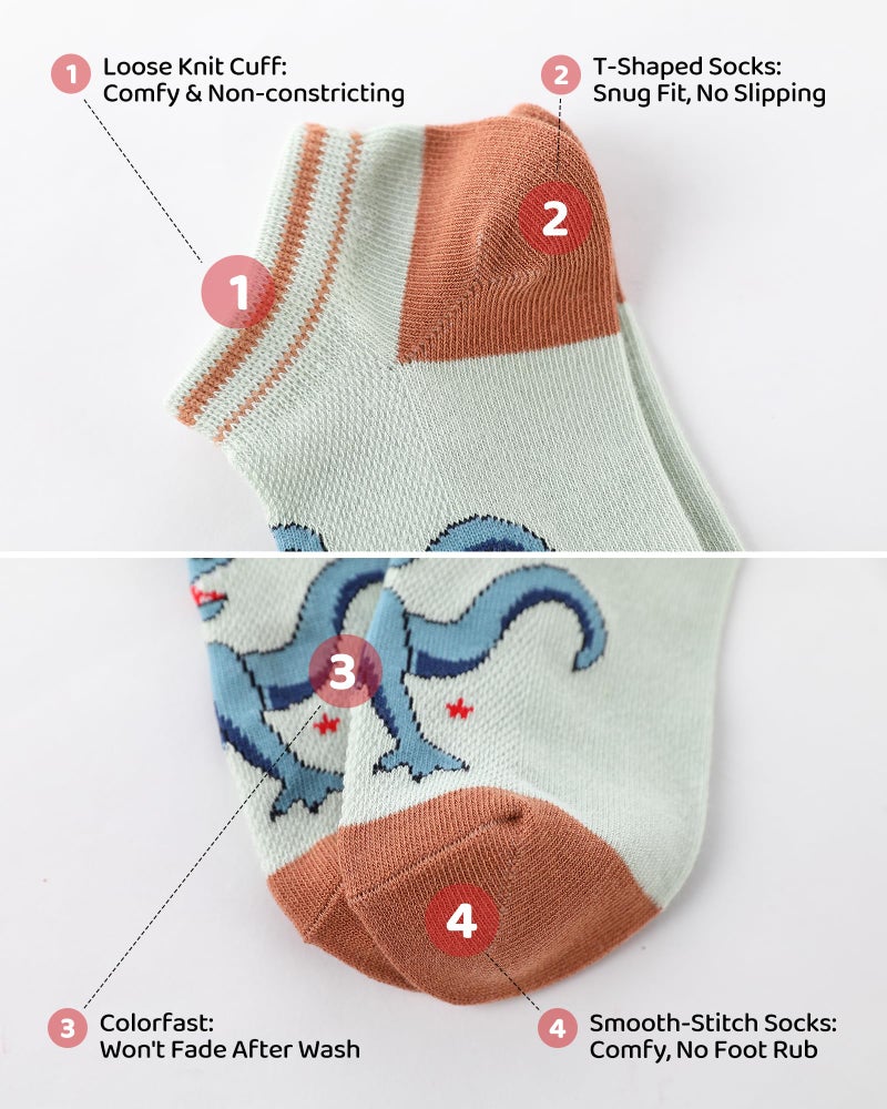 CHUNG Boys Cotton Ankle Socks 5/10 Pack Low Cut Dinosaur Mesh 2-9Y Light Weight Back School Running Sports Casual (2-4 Years, 5Dino 022) - Image 5