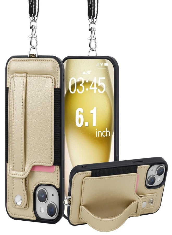 TOOVREN Wallet Case for iPhone 15 Case with Card Holder Lanyard Leather Phone Cover Fits iPhone 15 Wallet Case with Strap Stand for Women & Men 6.1 Inch Gold - Image 1