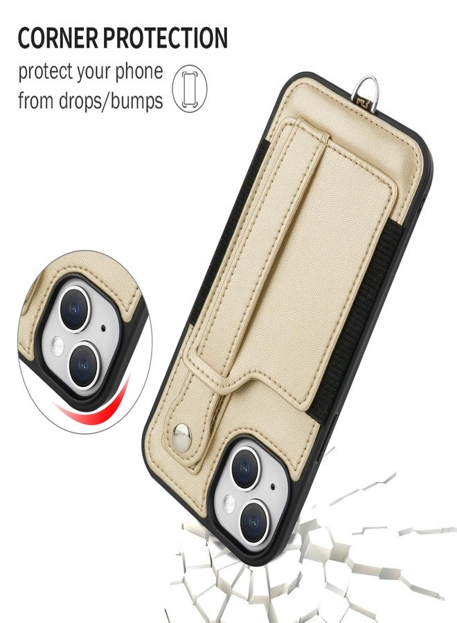 TOOVREN Wallet Case for iPhone 15 Case with Card Holder Lanyard Leather Phone Cover Fits iPhone 15 Wallet Case with Strap Stand for Women & Men 6.1 Inch Gold - Image 5