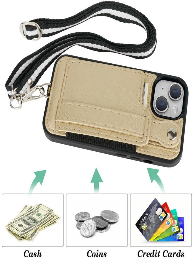 TOOVREN Wallet Case for iPhone 15 Case with Card Holder Lanyard Leather Phone Cover Fits iPhone 15 Wallet Case with Strap Stand for Women & Men 6.1 Inch Gold - Image 4