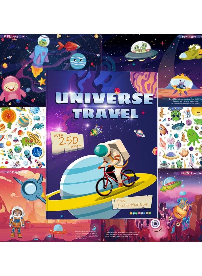 يونيكبيبي كتاب ملصقات 250 قطعة، موضوع رحلة عبر الكون مع 8 مشاهد فضائية، فن ملصقات بدون فوضى للأطفال، مجموعة أنشطة يدوية، لعبة تعليمية، كتاب أنشطة محمول للسفر، ملصقات ممتعة للأطفال الصغار، كتاب ترفيهي مقاوم للماء، هدية للأولاد والبنات - Image 1