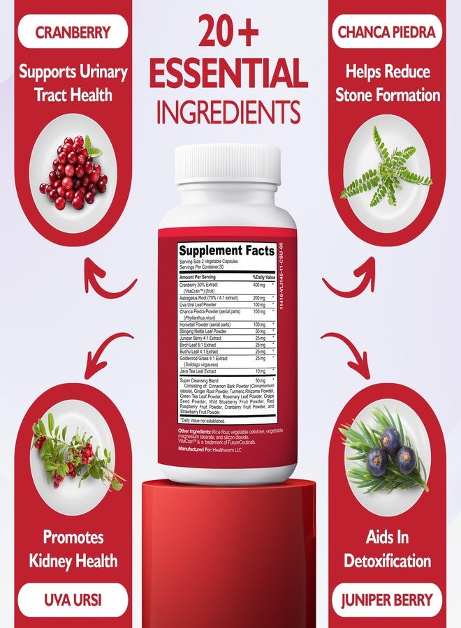 Happee Kidney Cleanse Detox & Repair Formula – Natural Kidney Support Supplement with Cranberry & 21 Herbs for Renal, Bladder, & Urinary Tract Health – Flush Toxins & Renew - 60 Capsules - Image 3