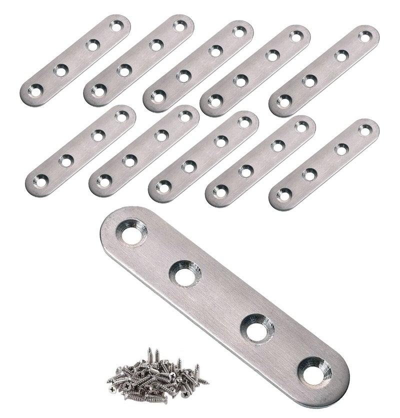 VinBee 12Pcs Flat Straight Brace Brackets with Screws 3 Inch Stainless Steel Mending Plates for Wood Fixing Connector Straight Repair Fixing Brackets Heavy Duty