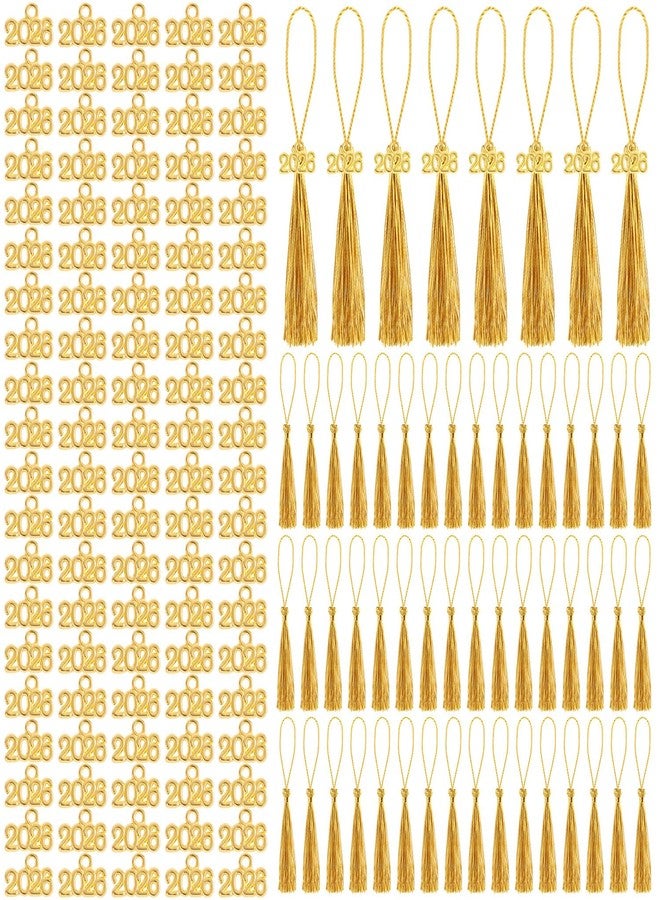 JOFONY Mini Graduation Tassels,100PCS Academic Graduation Cap Hat Tassel with 2026 Gold Charm for Crafts Mini Silky Bookmark for Graduated Cap Keychain Ornaments DIY Craft(Gold) - Image 1