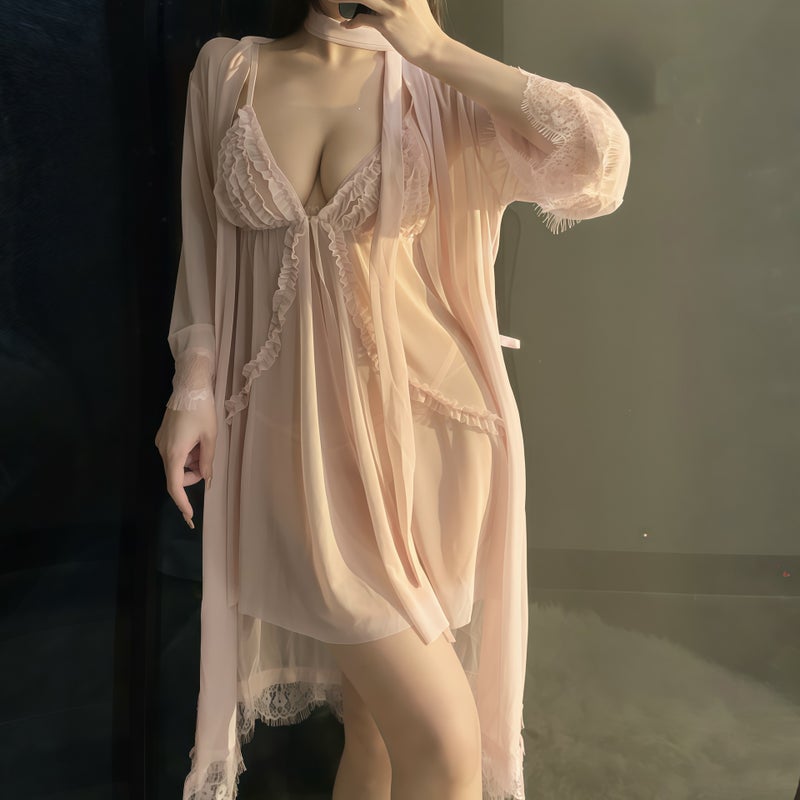 Plus Size Lightweight Lounge Sleep Dress with Mesh Detail and Adjustable Straps