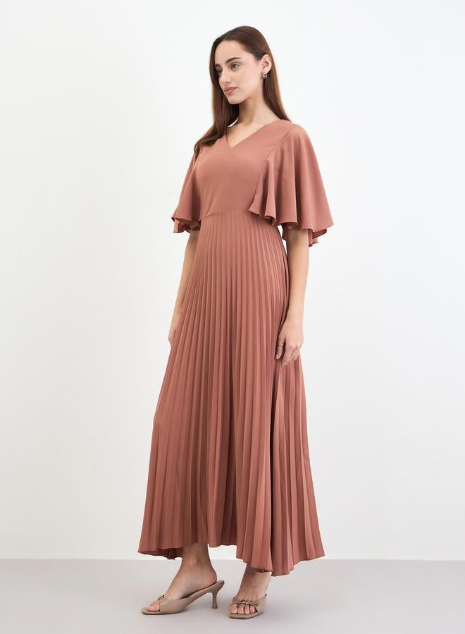Styli Pleated Crepe A-Line Maxi Dress with Frill Sleeves - Image 5