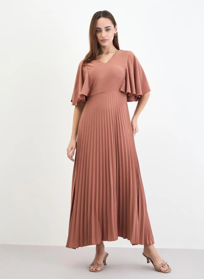 Styli Styli Pleated Crepe A-Line Maxi Dress with Frill Sleeves