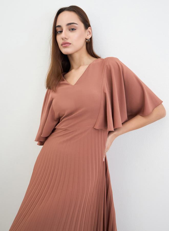 Styli Pleated Crepe A-Line Maxi Dress with Frill Sleeves - Image 1