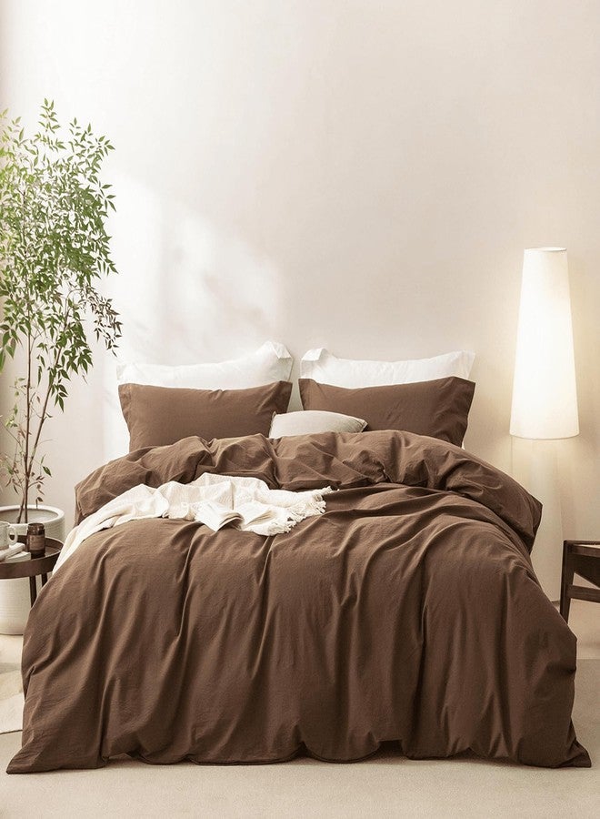 BDEAR Linen Feel Cocoa Brown Duvet Cover Full Size 90'' L x 80'' W, 100% Washed Cotton Duver Cover with Zipper Closure Plus 2 Pillowcases, Oeko TEX Standard Certificated - Image 4