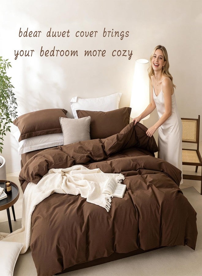 BDEAR Linen Feel Cocoa Brown Duvet Cover Full Size 90'' L x 80'' W, 100% Washed Cotton Duver Cover with Zipper Closure Plus 2 Pillowcases, Oeko TEX Standard Certificated - Image 5
