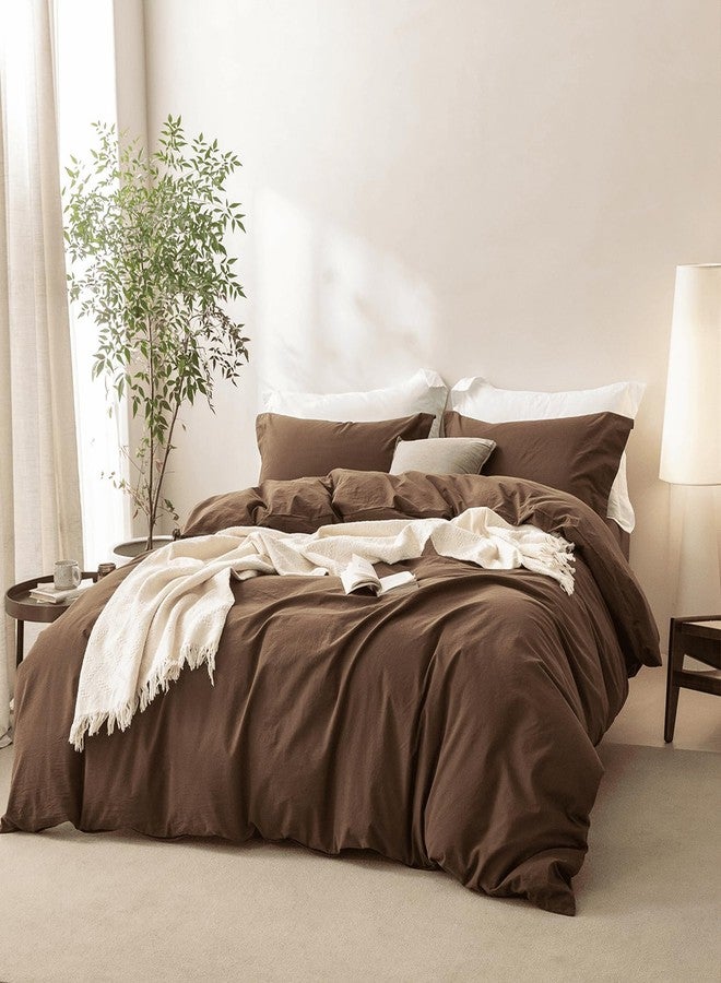 BDEAR Linen Feel Cocoa Brown Duvet Cover Full Size 90'' L x 80'' W, 100% Washed Cotton Duver Cover with Zipper Closure Plus 2 Pillowcases, Oeko TEX Standard Certificated - Image 1
