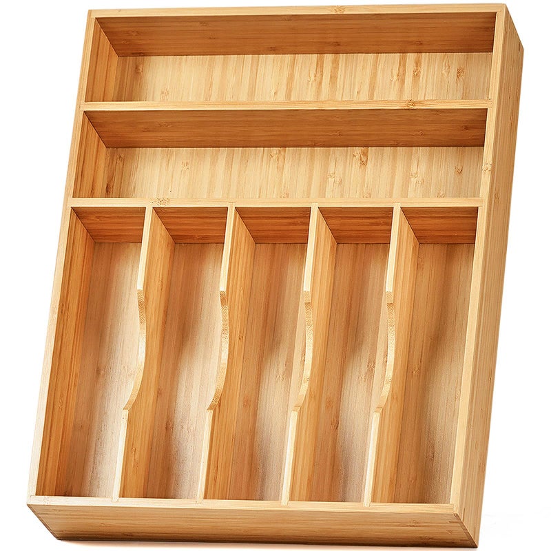 Umilife Kitchen Drawer Organizer, 12.5 Inch Silverware Utensil Tray Holder, Extra Deep, with Non-Slip Feet & Grooved Drawer Divider, 7 Slots Total Bamboo Wood Caddy for Flatware Cutlery Knives - Image 1