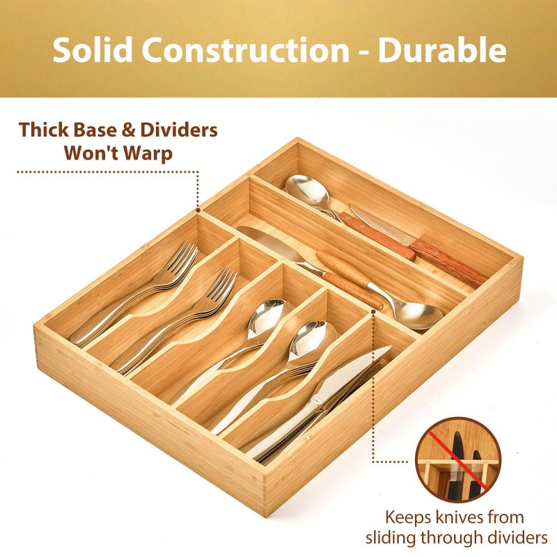 Umilife Kitchen Drawer Organizer, 12.5 Inch Silverware Utensil Tray Holder, Extra Deep, with Non-Slip Feet & Grooved Drawer Divider, 7 Slots Total Bamboo Wood Caddy for Flatware Cutlery Knives - Image 3