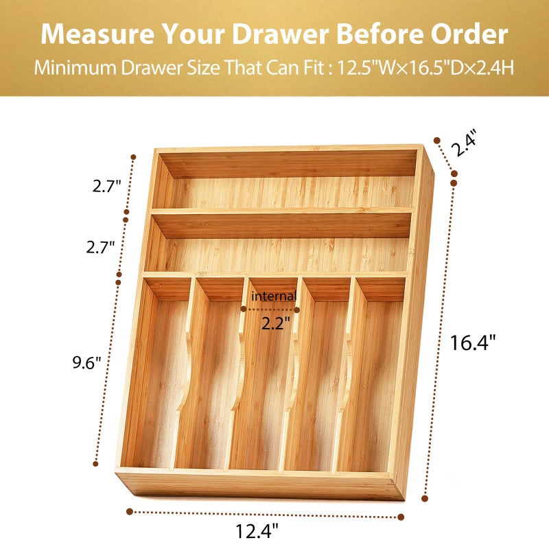 Umilife Kitchen Drawer Organizer, 12.5 Inch Silverware Utensil Tray Holder, Extra Deep, with Non-Slip Feet & Grooved Drawer Divider, 7 Slots Total Bamboo Wood Caddy for Flatware Cutlery Knives - Image 5