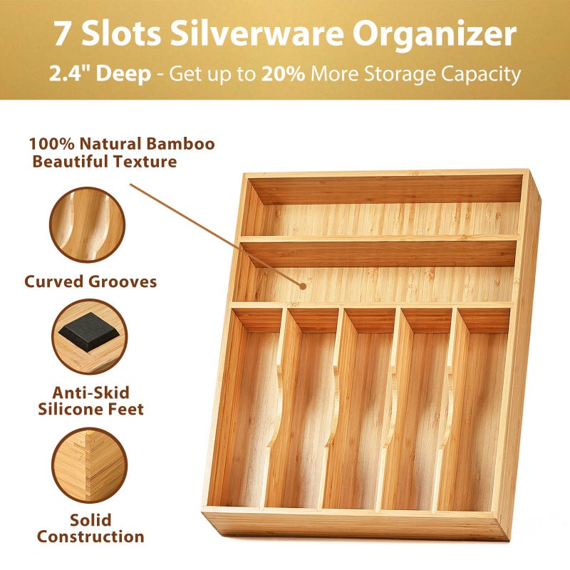 Umilife Kitchen Drawer Organizer, 12.5 Inch Silverware Utensil Tray Holder, Extra Deep, with Non-Slip Feet & Grooved Drawer Divider, 7 Slots Total Bamboo Wood Caddy for Flatware Cutlery Knives - Image 2