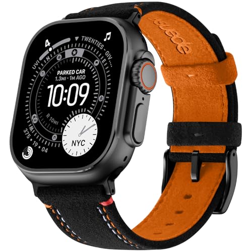 Bandletic Compatible with Apple Watch Ultra 3 2 1 Band 49mm for Men Suede Leather Bands Breathable Replacement Strap for iWatch Series 11 10 46mm 9 8 7 45mm SE3 SE2 SE 6 5 444mm BlackOrange - Image 1