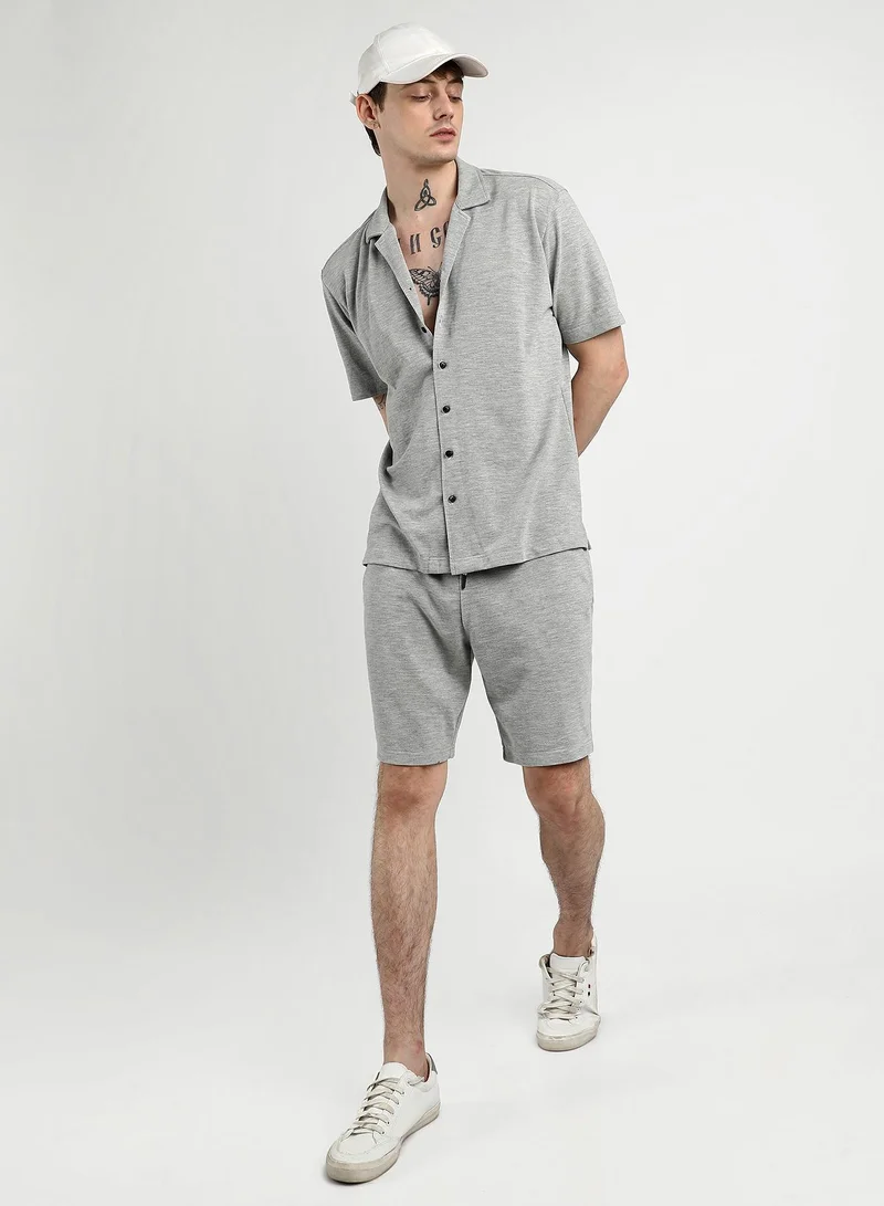 Campus Sutra  Men's Light Grey Heathered Knitted Co-Ord Set for Men | Best Price UAE