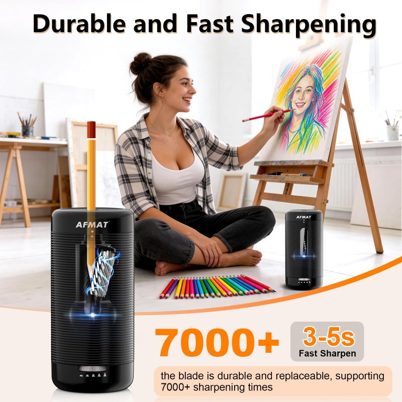 AFMAT Electric Pencil Sharpener, Fully Automatic Pencil Sharpener, Auto in & Out, Rechargeable Hands-Free Sharpeners for Jumbo & Colored Pencils (6.5-12mm), Portable for Home/Classroom/Office PSC2 - Image 3
